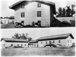 Composite image showing two views of Sutter's Fort in Sacramento, ca.1900