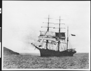 Old sailing ship moving across the ocean, San Diego, ca.1900