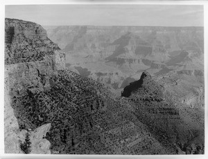 Bright Angel in the Grand Canyon, looking west from the Bright Angel Hotel, showing Rowe's point, Battleship, and Anvil rock, ca.1900-1930