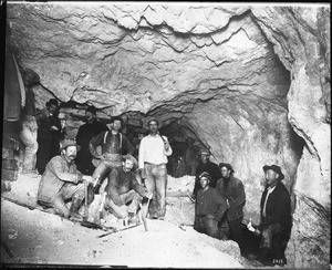 Interior view of mine and miners in the Mohawk Mine, Goldfield, Nevada, ca.1900-1905