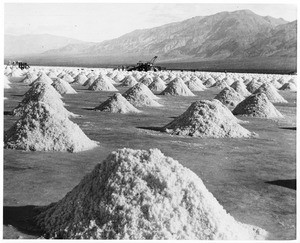 Unidentified salt stacks drying with workers and machinery in the background, ca.1910