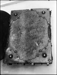 Iron-bound wooden covered book at Mission Santa Clara, ca.1908