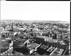 Panoramic view of Los Angeles looking east from the Court House, showing the orphanage building in the distance, ca.1890
