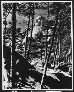 Gutzon Borglum's "Head of Washington" under construction at Mount Rushmore, Black Hills, South Dakota, 1930-1940