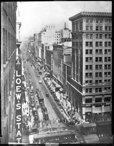 Birdseye view of Broadway looking north from Seventh on the east side, Los Angeles, ca.1926