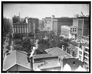 Panoramic view of downtown Los Angeles, showing Pershing Square at center, ca.1930-1939