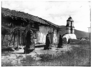 General view of Mission Asistencia of San Antonio at Pala, California, showing the chapel and bell tower from the north, ca.1903