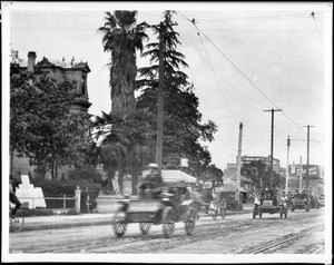 View of Spring Street looking north from Seventh Street featuring the I.N. Van Nuys residence, Los Angeles, May 24, 1904