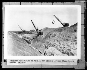 View of the dragline excavation of the trench for the Slauson Avenue storm drain outlet, April 29, 1936