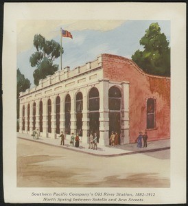 Color halftone illustration of the Old River Station, depicting the era from 1882 to 1912
