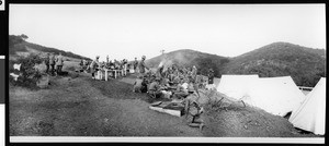 Young men at a military-style camp in the hills behind East Whittier, ca.1914