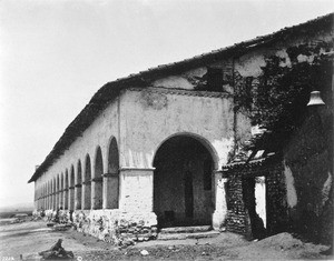 Exterior view of the Mission San Fernando Rey de España from the east end, taken by photographer Edward Vischer, before 1875