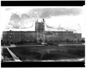 Exterior view of the third Los Angeles High School, showing streetcar, ca.1925