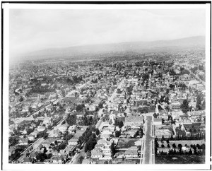 Panoramic view of Los Angeles taken from a balloon hovering above Washington Boulevard and Grand Avenue, looking west, ca.1902