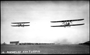 Aviators Philip Parmelee and J. Clifford Turpin flying Wright biplanes at the Dominguez Hills Air Meet, 1912