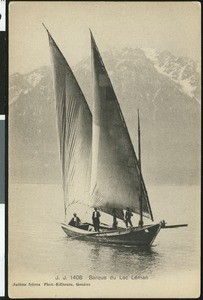 Three men posing on a large sailboat at sea, ca.1900-1910