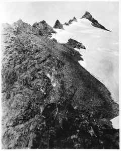 View of the jagged peaks of Mount Gahala in the Cascade Mountain ranges (near Seaside?), Oregon