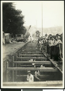 R.F.C. labor force constructing the Yosemite Drive and Eagle Rock Blvd. storm drain, August 10, 1933