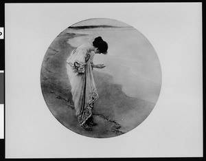 The painting "The sea hath its pearls" by William Henry Margetson, 1897, depicting a woman collecting shells on the beach