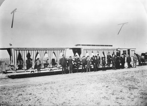 Celebrators and streetcars during the opening of the Pico Heights Electric Railway, 1887