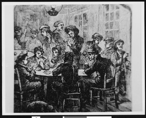 A drawing of an early West poker game, ca.1900