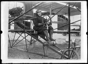 Aviatrix Blanche Stuart Scott at the controls of her plane at the Dominguez Hills Air Meet, 1912