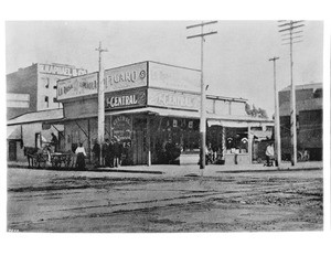 Exterior view of "The Central" a shop on the corner of Spring Street and Fifth Street, ca.1898