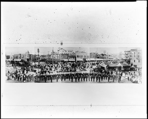 Panoramic view of Redondo Beach showing the Uniform Rank of the "Fraternal Brotherhood", Los Angeles, July 1911
