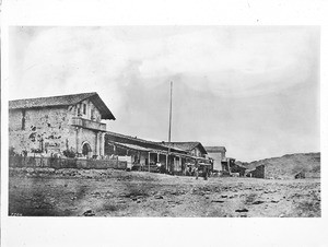 Exterior view of the Mission Francis de Assis (Dolores) in disrepair, San Francisco, ca.1856-1857