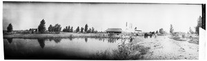 Panoramic view of a man leading a horse-drawn vehicle in the Central Valley