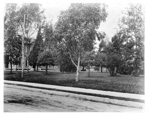Sidewalk showing the first building and campus at the University of Southern California, Los Angeles, 1885(?)