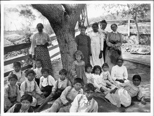 Group of students with their teachers at the Mission school, Pala, California, ca.1905
