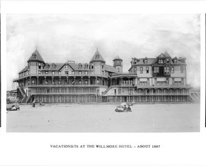 Exterior view of the Willmore Hotel as shown from the ocean, Long Beach, ca.1887