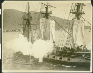 Replica pirate ship used for motion picture firing shots on the ocean, ca.1926