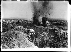 Shell bursting in front of a trench at Fort de la Pompelle in Reims, France, ca.1919