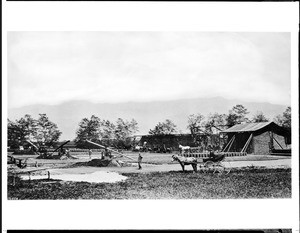 Masons making brick for the construction of the Hotel Raymond on the southeast corner of Raymond Hill, looking north in South Pasadena, 1888