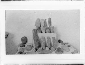 Stone utensils made by cliff dwellers, taken from the collection of Reverend Doctor George Cole, ca.1895