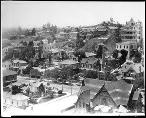 Panoramic view of Hill Street and Third Street looking west, Los Angeles, ca.1900