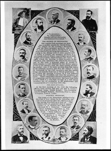 Individual portraits of Sunset Club members set around the written procedures of the club, 1895