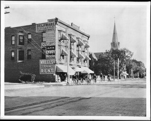 Exterior view of the Delaware Hotel on Broadway, looking south between Fifth Street and Sixth Street, which later became the Dalton Theater, ca.1896