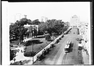 Birdseye view of Pacific Avenue in Long Beach, looking north towards City Hall, 1927