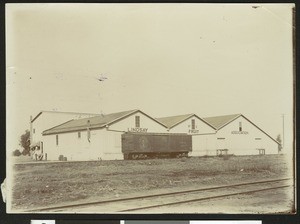 Exterior view of the Lindsay Fruit Association packing house in Lindsay, 1900-1940