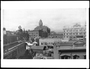 Panoramic view of downtown Los Angeles from First Street looking north, ca.1891-1898