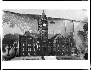 Model of the old Los Angeles County Courthouse made of oranges at the State Citrus Fair at Hazard's Pavilion, April 10, 1891