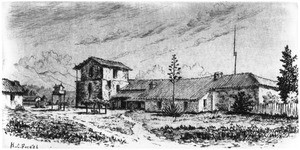 Etching of a house on Santa Barbara Block by Henry Chapman Ford, ca.1886