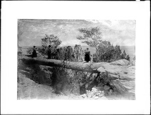 Three people standing on a petrified log bridge in the Petrified Forest of Arizona, 1898