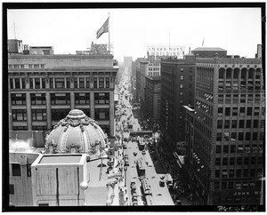 Panoramic view of Los Angeles down Broadway, ca.1930-1939