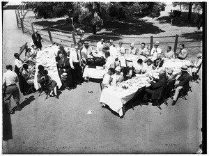 Picnickers gathered around a roast ostrich in Lincoln Park