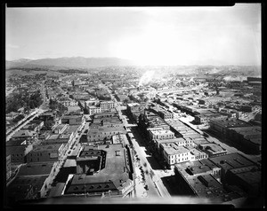 Birdseye view of Los Angeles looking north-east and showing Main Street, ca. 1930