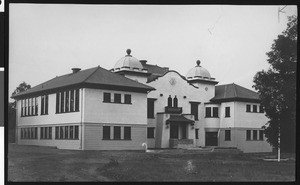 Exterior view of Los Gatos High School "showing its Spanish-influenced architecture", ca.1900